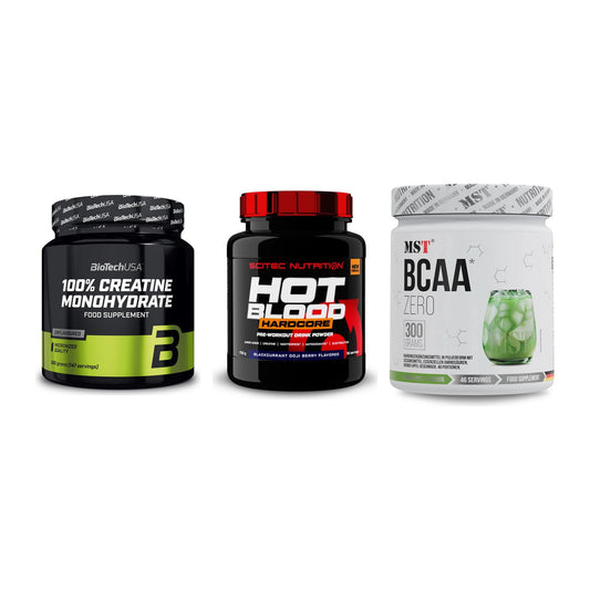 Kraft-Stack: BioTech Creatine + Scitec Hot Blood + MST BCAA Zero – alle enthaltenen Artikel