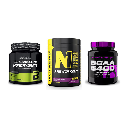 Kraft-Stack: BioTech Creatine + Nutrend N1 + Scitec BCAA 6400 – alle enthaltenen Artikel