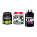Kraft-Stack: BioTech Creatine + Ghost Legend V4 + Scitec BCAA 6400 – alle enthaltenen Artikel