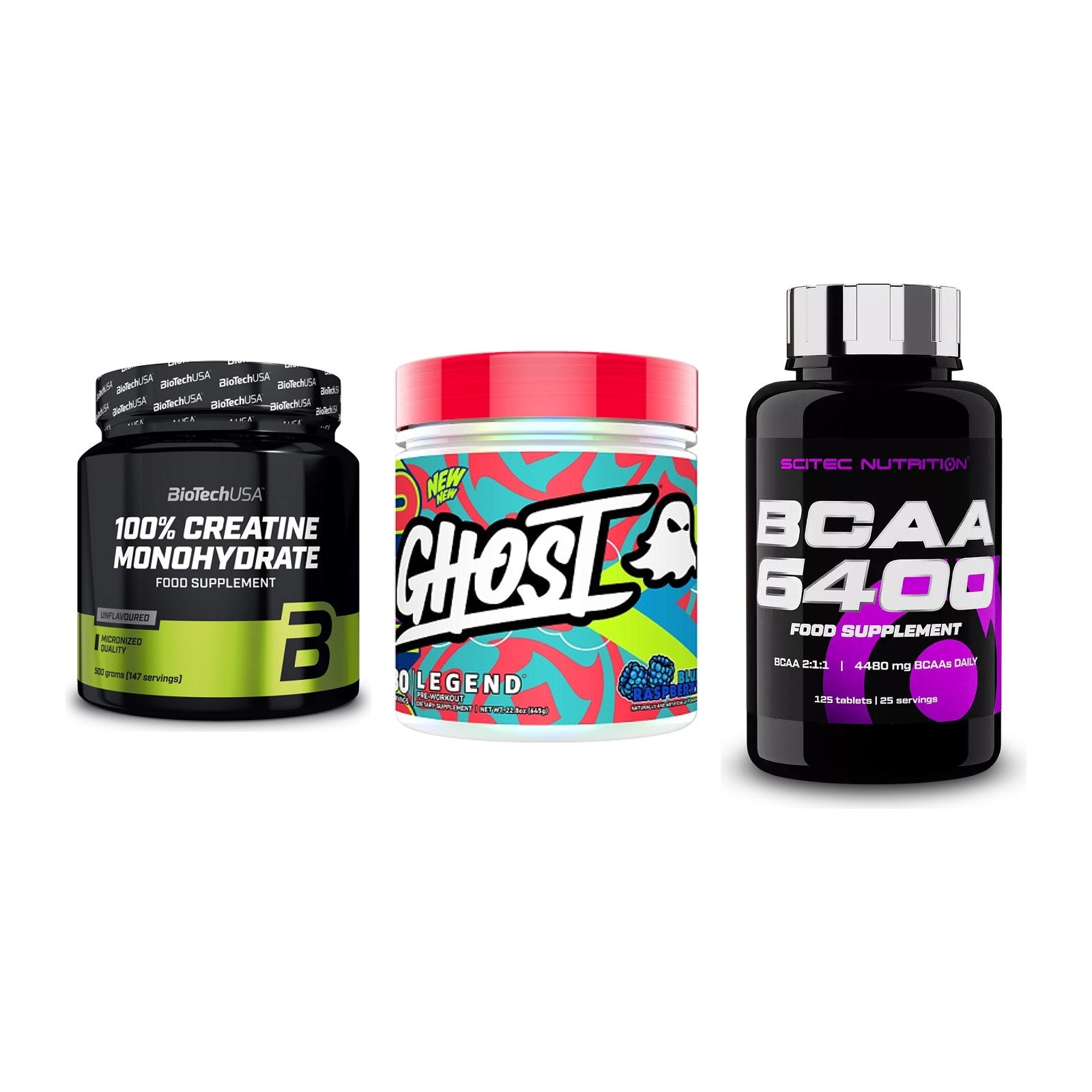 Kraft-Stack: BioTech Creatine + Ghost Legend V4 + Scitec BCAA 6400 – alle enthaltenen Artikel