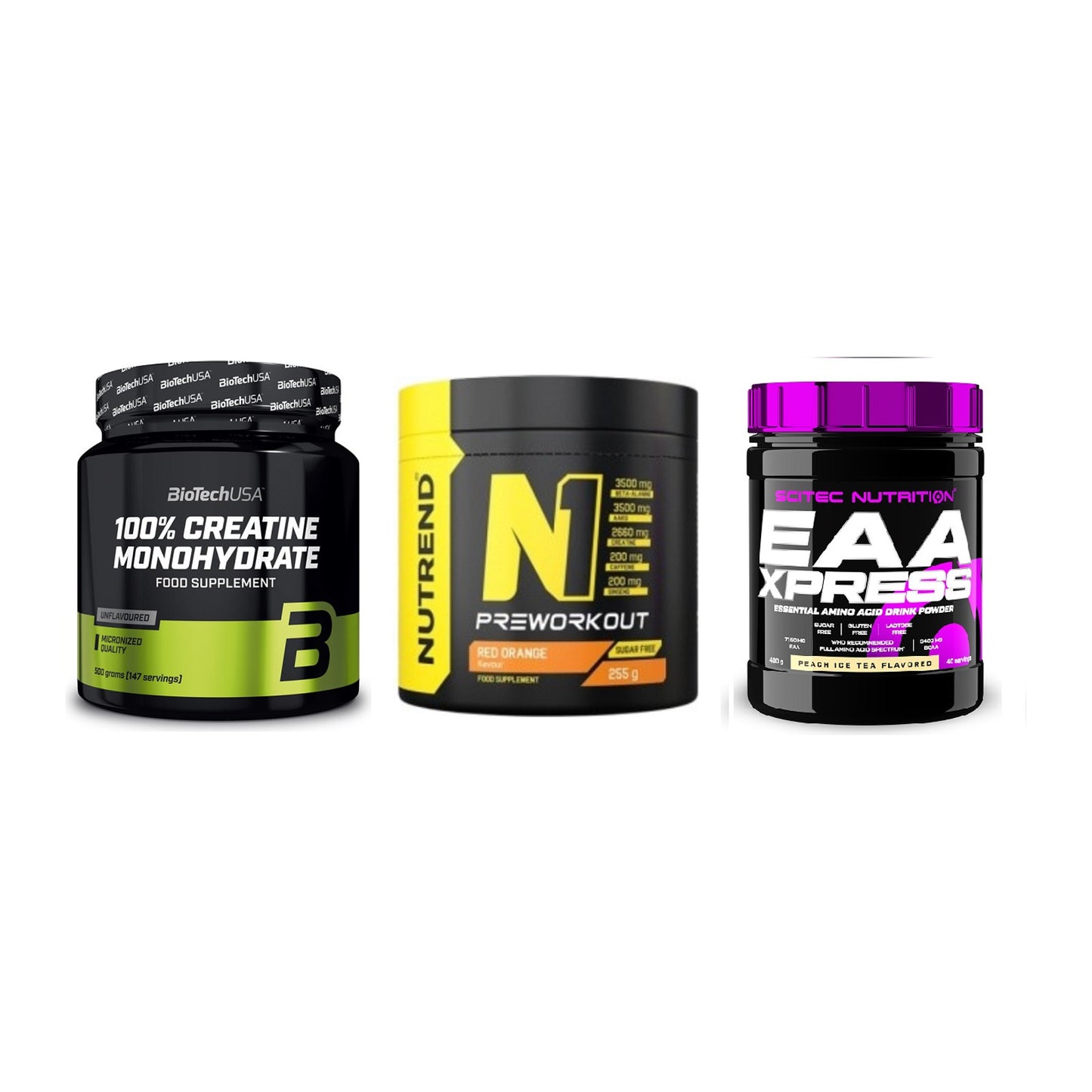 Kraft-Stack: BioTech Creatine + Nutrend N1 + Scitec EAA Xpress – alle enthaltenen Artikel