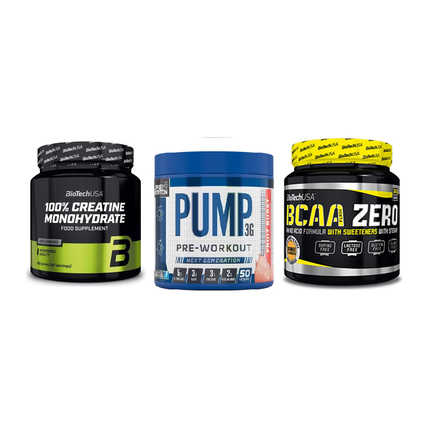 Kraft-Stack: BioTech Creatine + Applied Nutrition + BioTech BCAA Zero – alle enthaltenen Artikel