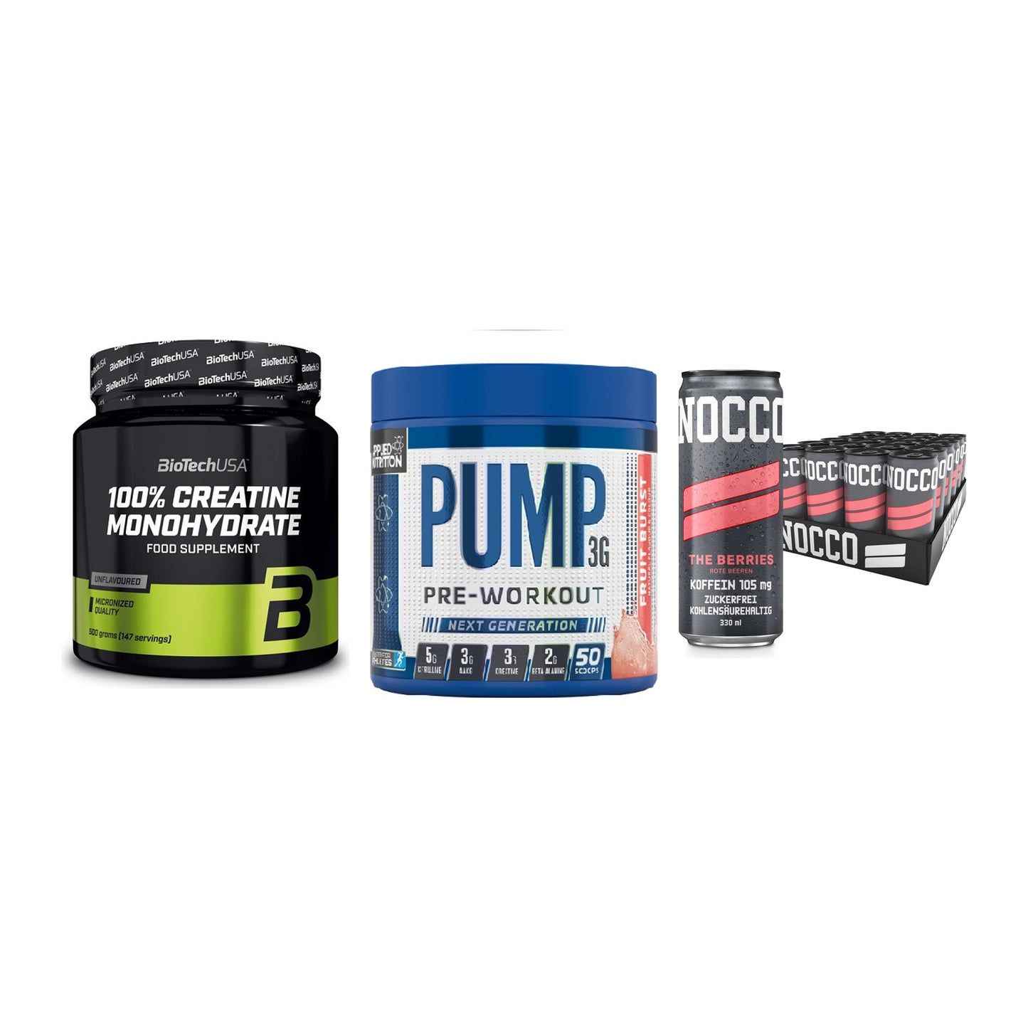 Kraft-Stack: BioTech Creatine + Applied Nutrition + Nocco BCAA Drink – alle enthaltenen Artikel