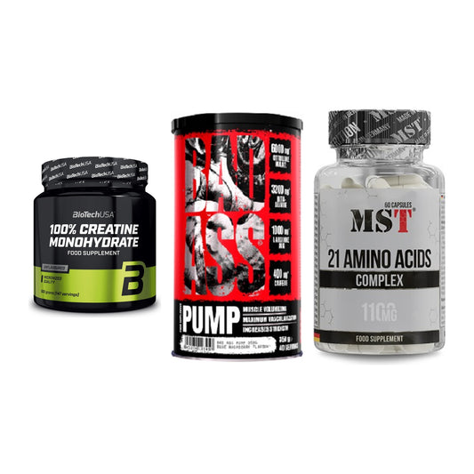 Kraft-Stack: BioTech Creatine + BAD ASS Pump + MST 21 Amino – alle enthaltenen Artikel