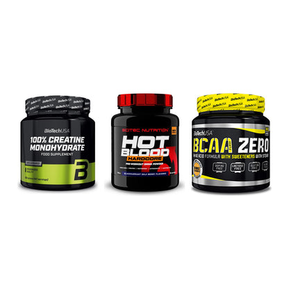Kraft-Stack: BioTech Creatine + Scitec Hot Blood + BioTech BCAA Zero – alle enthaltenen Artikel