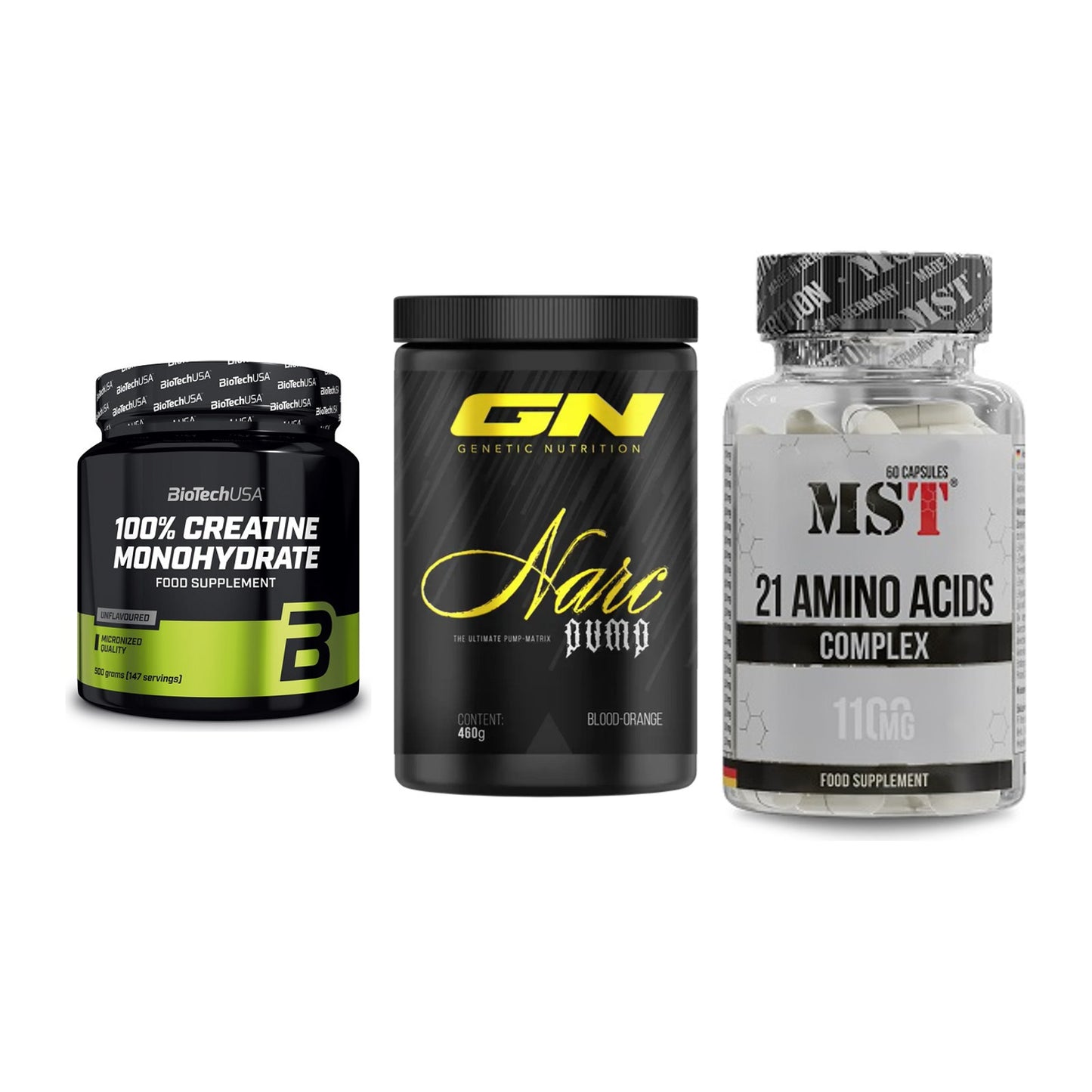 Kraft-Stack: BioTech Creatine + GN Narc Pump + MST 21 Amino – alle enthaltenen Artikel