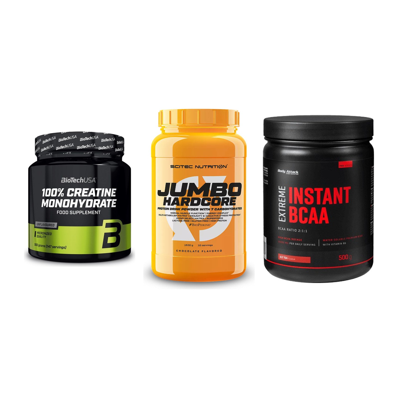 Kraft-Stack: BioTech Creatine + Scitec Jumbo + Body Attack – alle enthaltenen Artikel