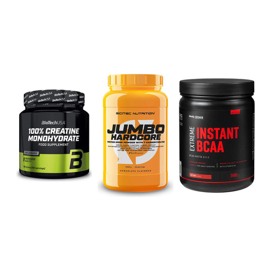 Kraft-Stack: BioTech Creatine + Scitec Jumbo + Body Attack – alle enthaltenen Artikel