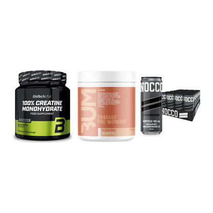 Kraft-Stack: BioTech Creatine + RAW Nutrition + Nocco BCAA Drink – alle enthaltenen Artikel