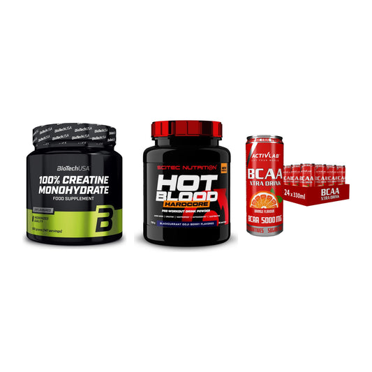 Kraft-Stack: BioTech Creatine + Scitec Hot Blood + Activlab BCAA – alle enthaltenen Artikel