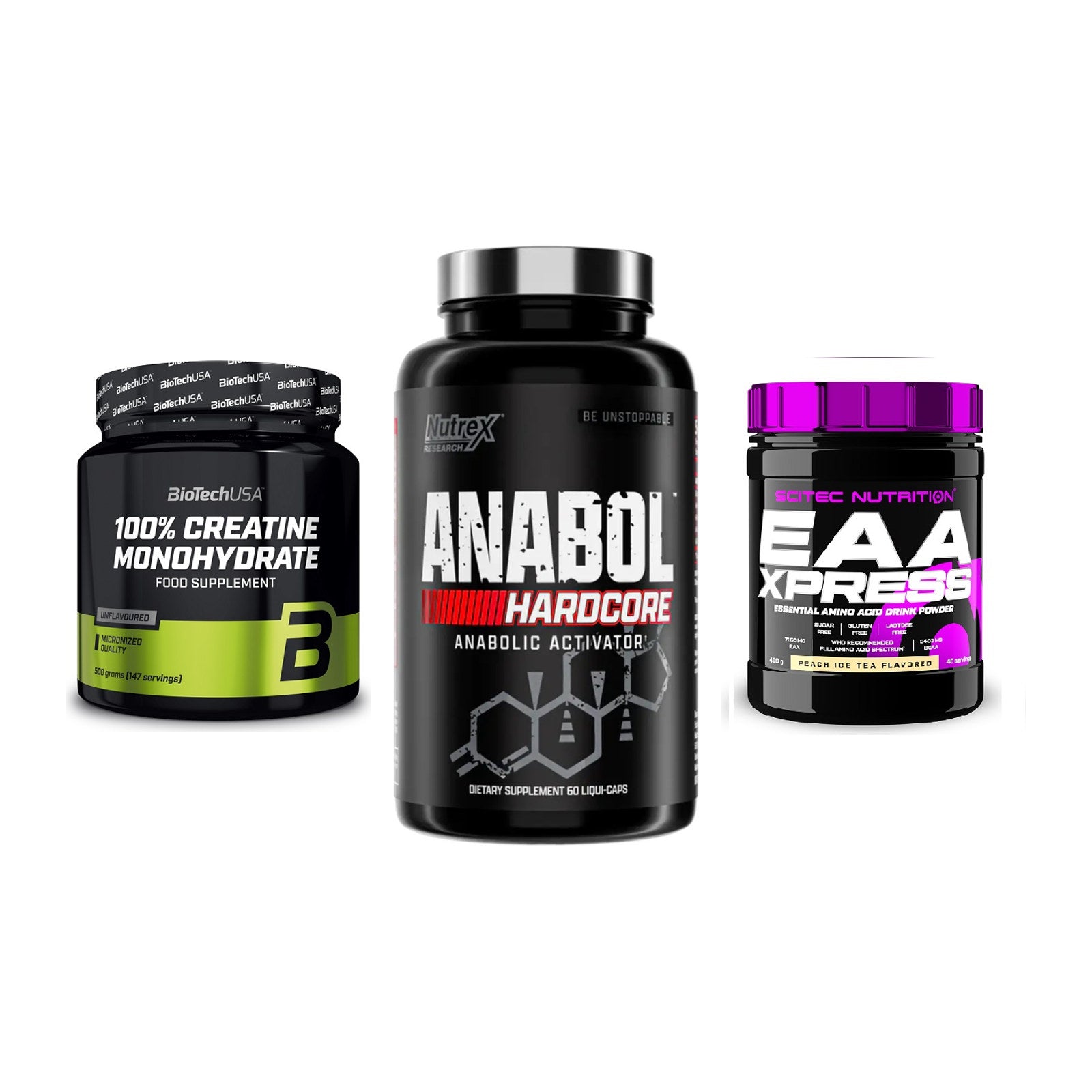 Kraft-Stack: BioTech Creatine + Nutrex Anabol + Scitec EAA Xpress – alle enthaltenen Artikel