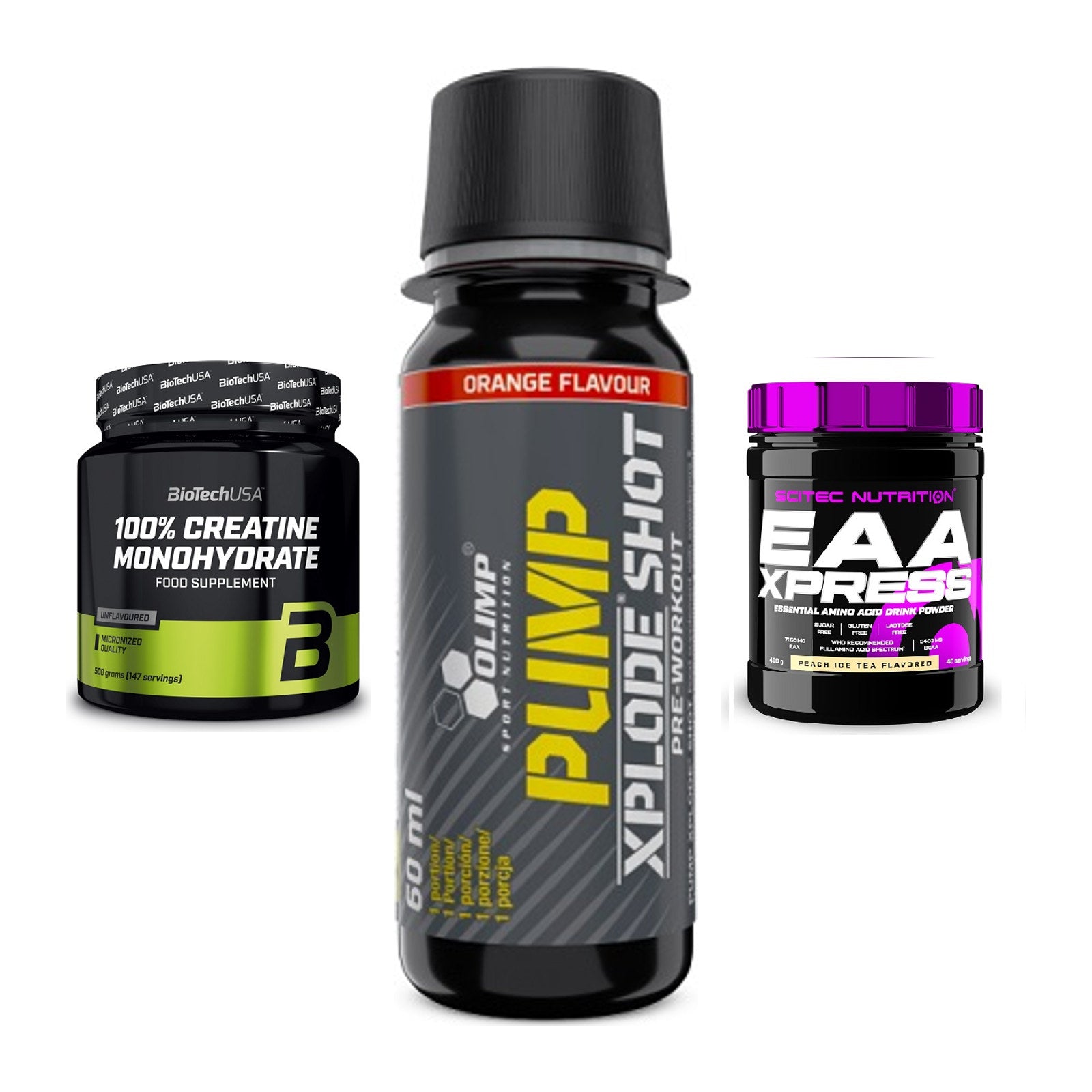 Kraft-Stack: BioTech Creatine + Olimp Pump Xplode + Scitec EAA Xpress – alle enthaltenen Artikel