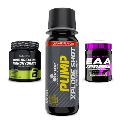 Kraft-Stack: BioTech Creatine + Olimp Pump Xplode + Scitec EAA Xpress – alle enthaltenen Artikel
