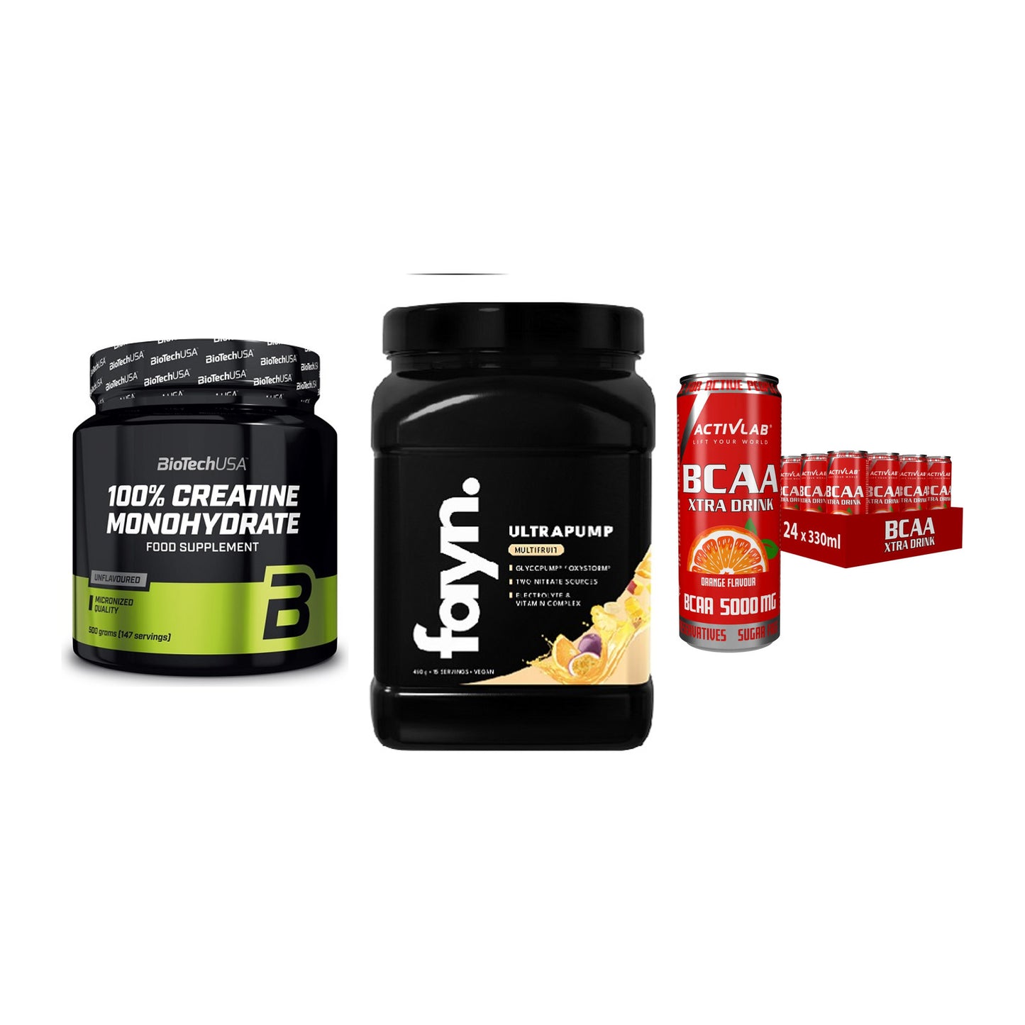 Kraft-Stack: BioTech Creatine + Fayn. Ultrapump + Activlab BCAA – alle enthaltenen Artikel