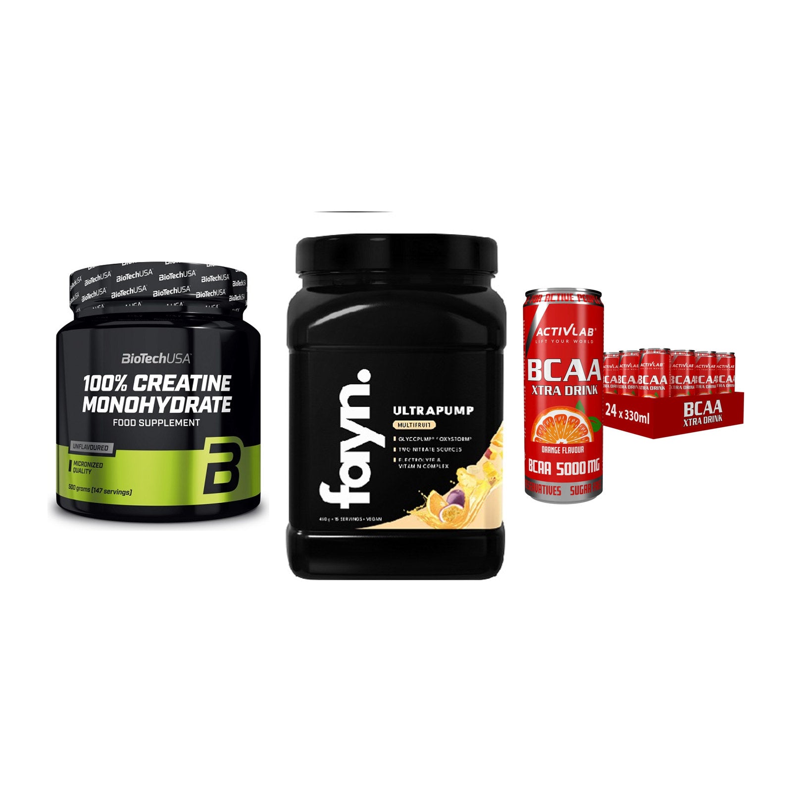 Kraft-Stack: BioTech Creatine + Fayn. Ultrapump + Activlab BCAA – alle enthaltenen Artikel