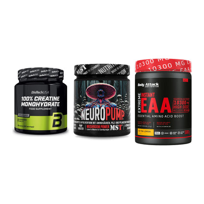 Kraft-Stack: BioTech Creatine + MST NeuroPump + Body Attack – alle enthaltenen Artikel
