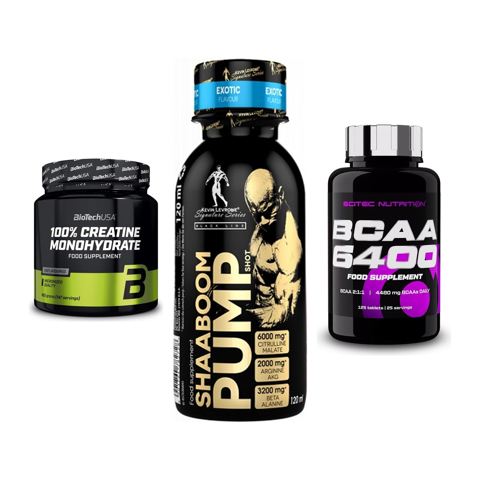 Kraft-Stack: BioTech Creatine + Kevin Levrone + Scitec BCAA 6400 – alle enthaltenen Artikel