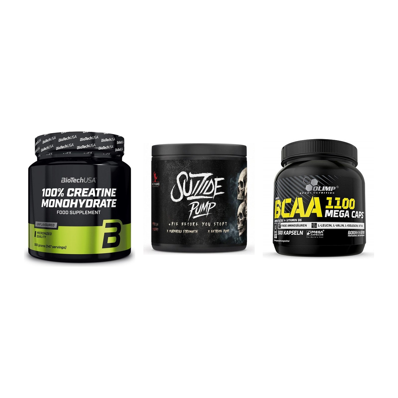 Kraft-Stack: BioTech Creatine + #GYMJUICE SUIZIDE + Olimp BCAA Mega – alle enthaltenen Artikel