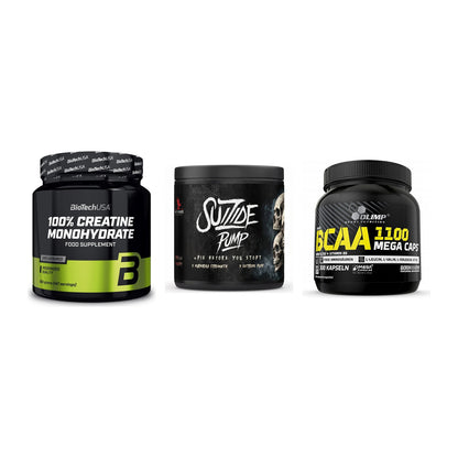Kraft-Stack: BioTech Creatine + #GYMJUICE SUIZIDE + Olimp BCAA Mega – alle enthaltenen Artikel