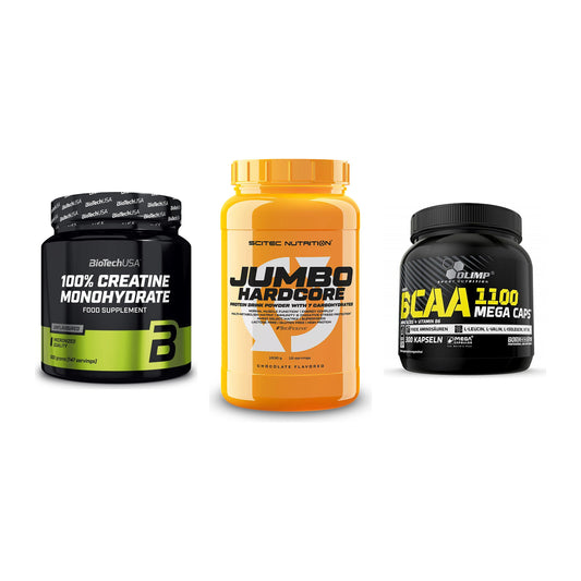 Kraft-Stack: BioTech Creatine + Scitec Jumbo + Olimp BCAA Mega – alle enthaltenen Artikel