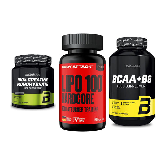 Kraft-Stack: BioTech Creatine + Body Attack LIPO + BioTech BCAA+B6 – alle enthaltenen Artikel