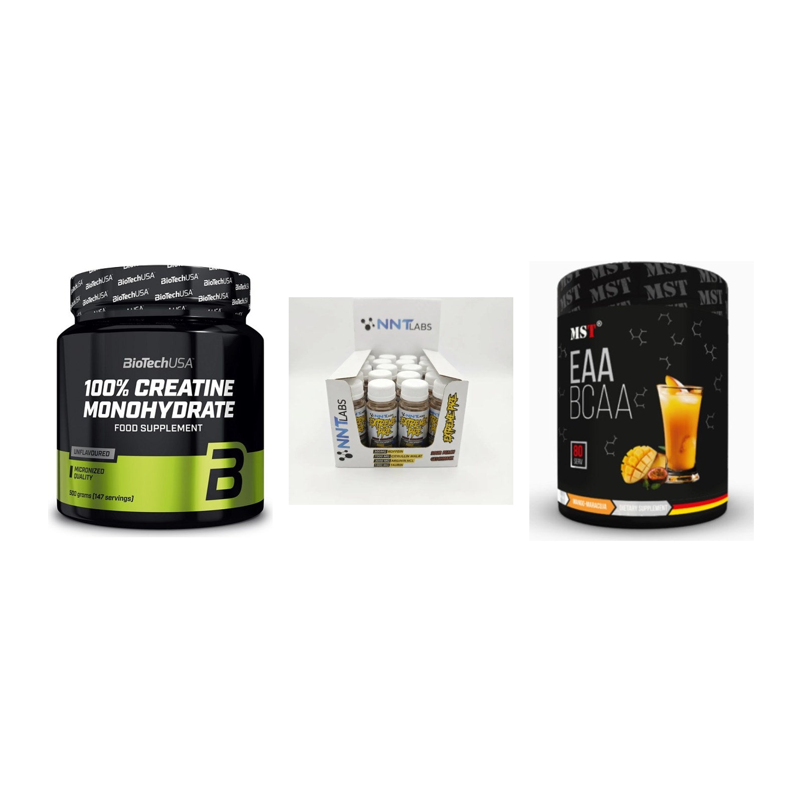 Kraft-Stack: BioTech Creatine + NNT Extreme + MST EAA & BCAA – alle enthaltenen Artikel