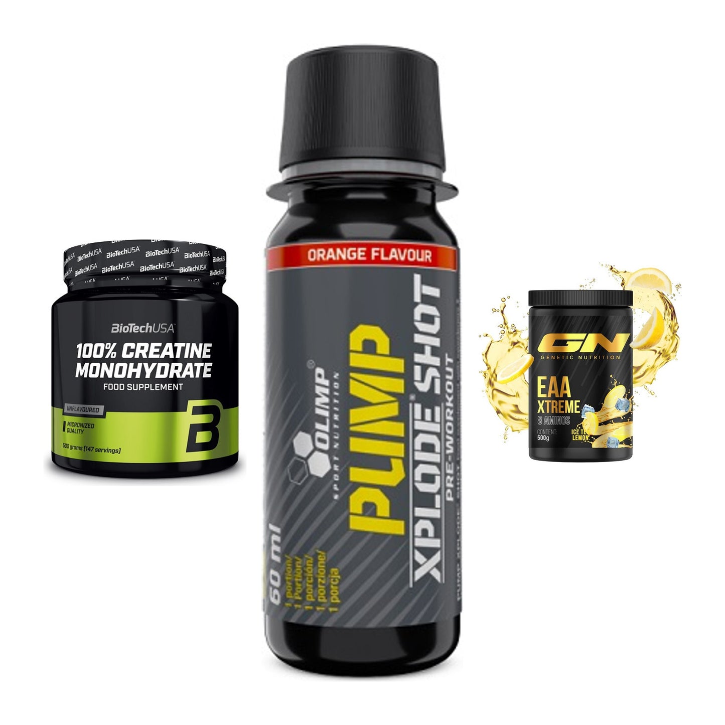 Kraft-Stack: BioTech Creatine + Olimp Pump Xplode + GN EAA Xtreme – alle enthaltenen Artikel