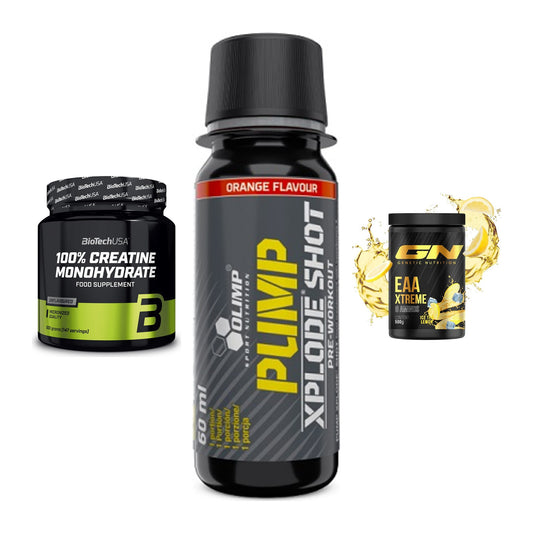 Kraft-Stack: BioTech Creatine + Olimp Pump Xplode + GN EAA Xtreme – alle enthaltenen Artikel