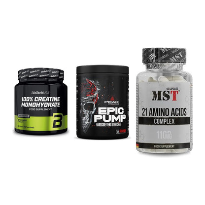 Kraft-Stack: BioTech Creatine + Peak EPIC Pump + MST 21 Amino – alle enthaltenen Artikel
