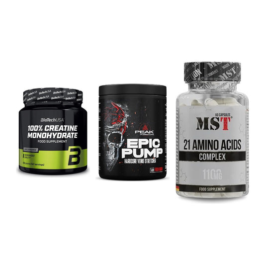 Kraft-Stack: BioTech Creatine + Peak EPIC Pump + MST 21 Amino – alle enthaltenen Artikel
