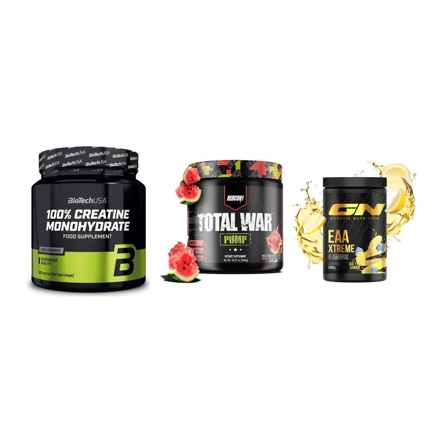 Kraft-Stack: BioTech Creatine + Redcon1 Total War + GN EAA Xtreme – alle enthaltenen Artikel