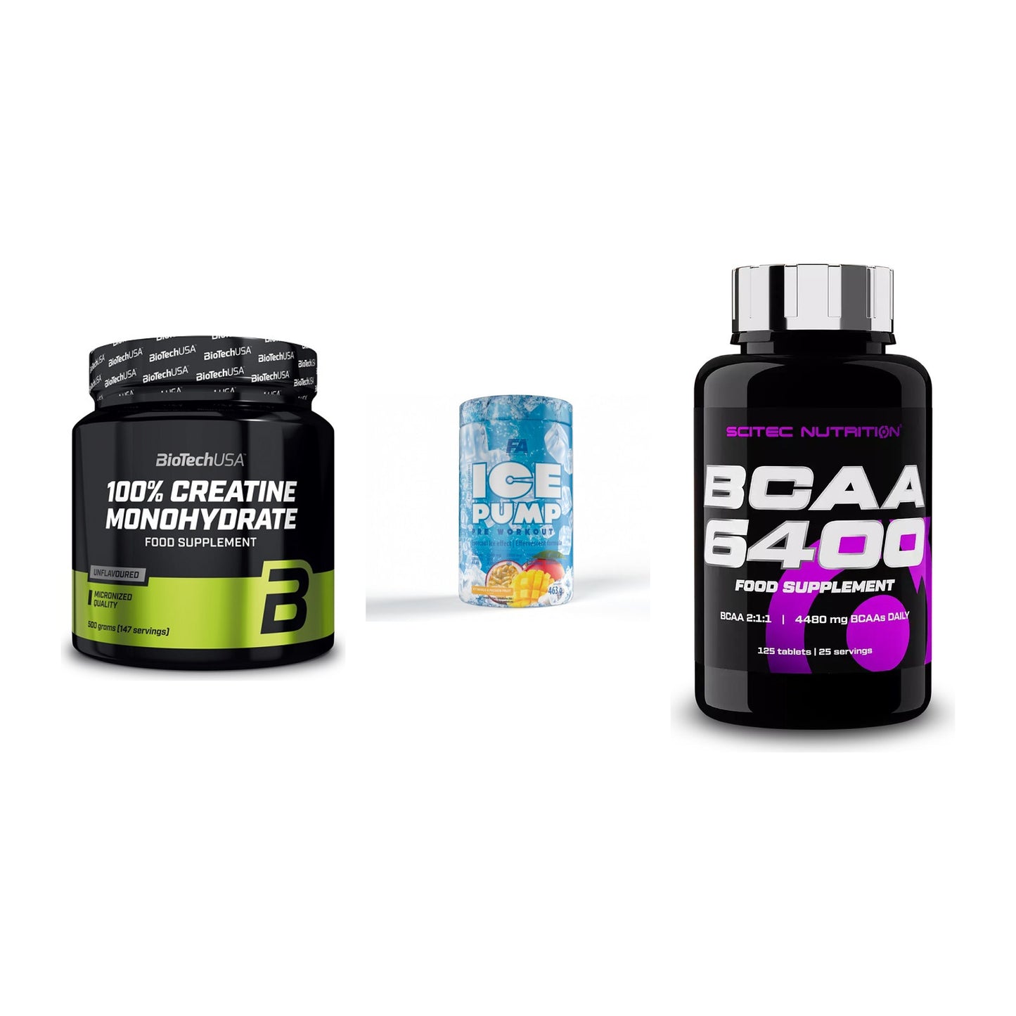 Kraft-Stack: BioTech Creatine + FA Nutrition ICE + Scitec BCAA 6400 – alle enthaltenen Artikel