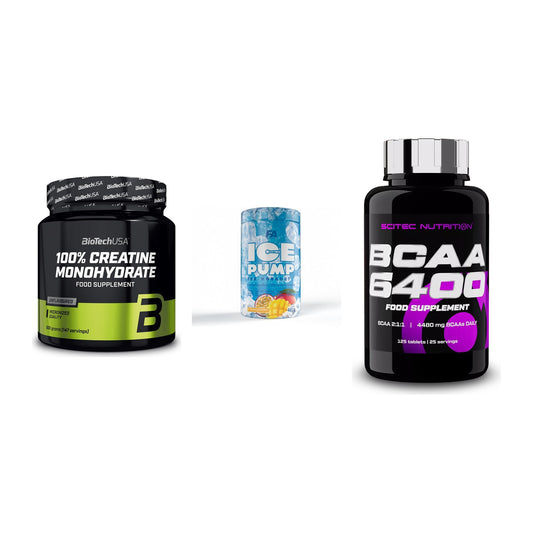 Kraft-Stack: BioTech Creatine + FA Nutrition ICE + Scitec BCAA 6400 – alle enthaltenen Artikel