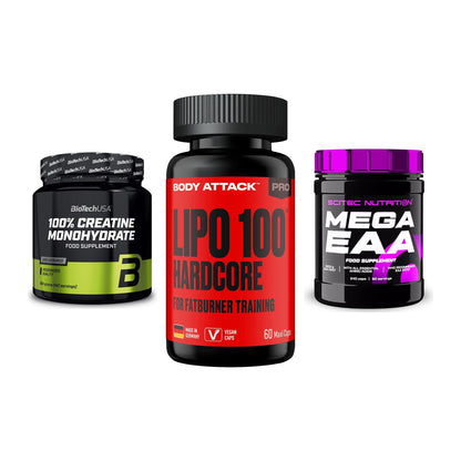 Kraft-Stack: BioTech Creatine + Body Attack LIPO + Scitec Mega EAA – alle enthaltenen Artikel