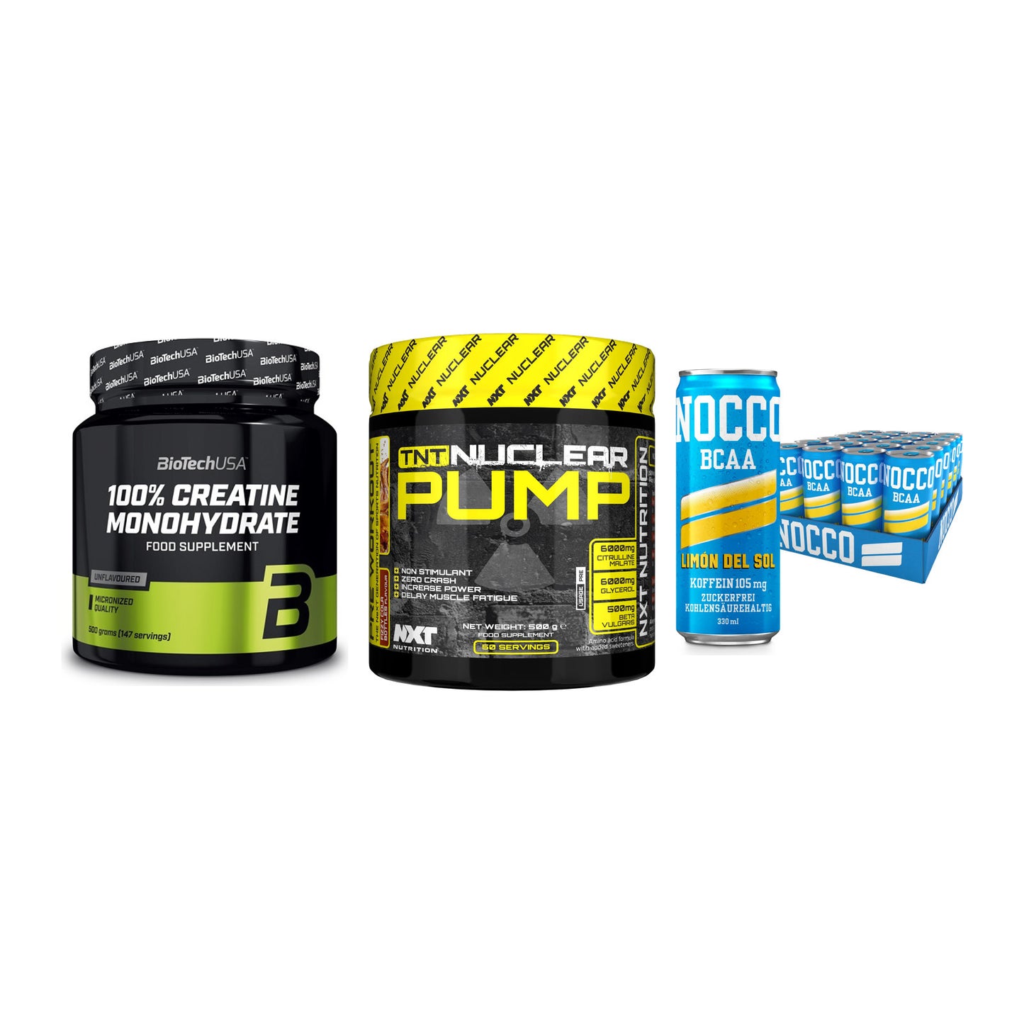 Kraft-Stack: BioTech Creatine + NXT Nutrition TNT + Nocco BCAA Drink – alle enthaltenen Artikel