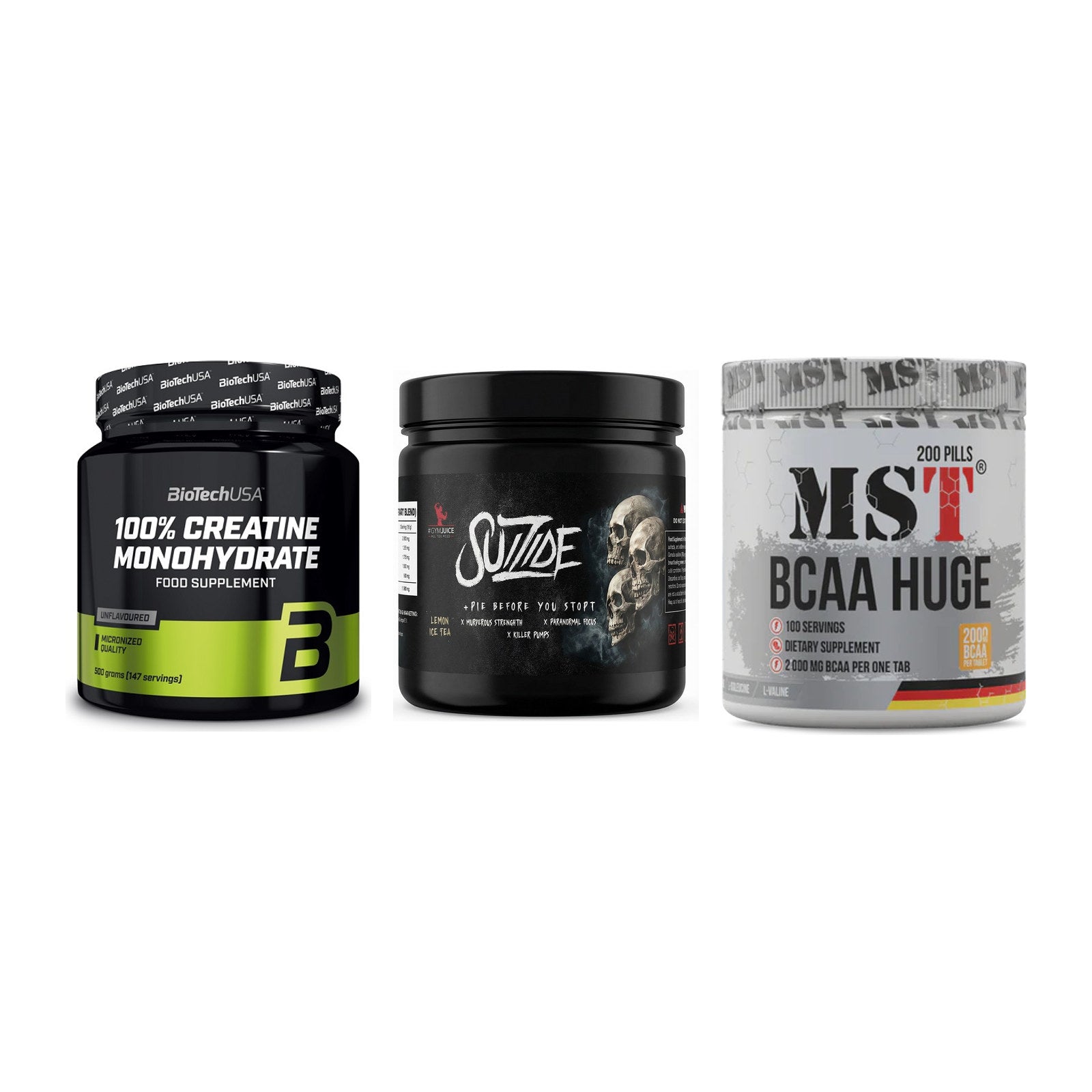 Kraft-Stack: BioTech Creatine + #GYMJUICE SUIZIDE + MST BCAA Huge 200 – alle enthaltenen Artikel