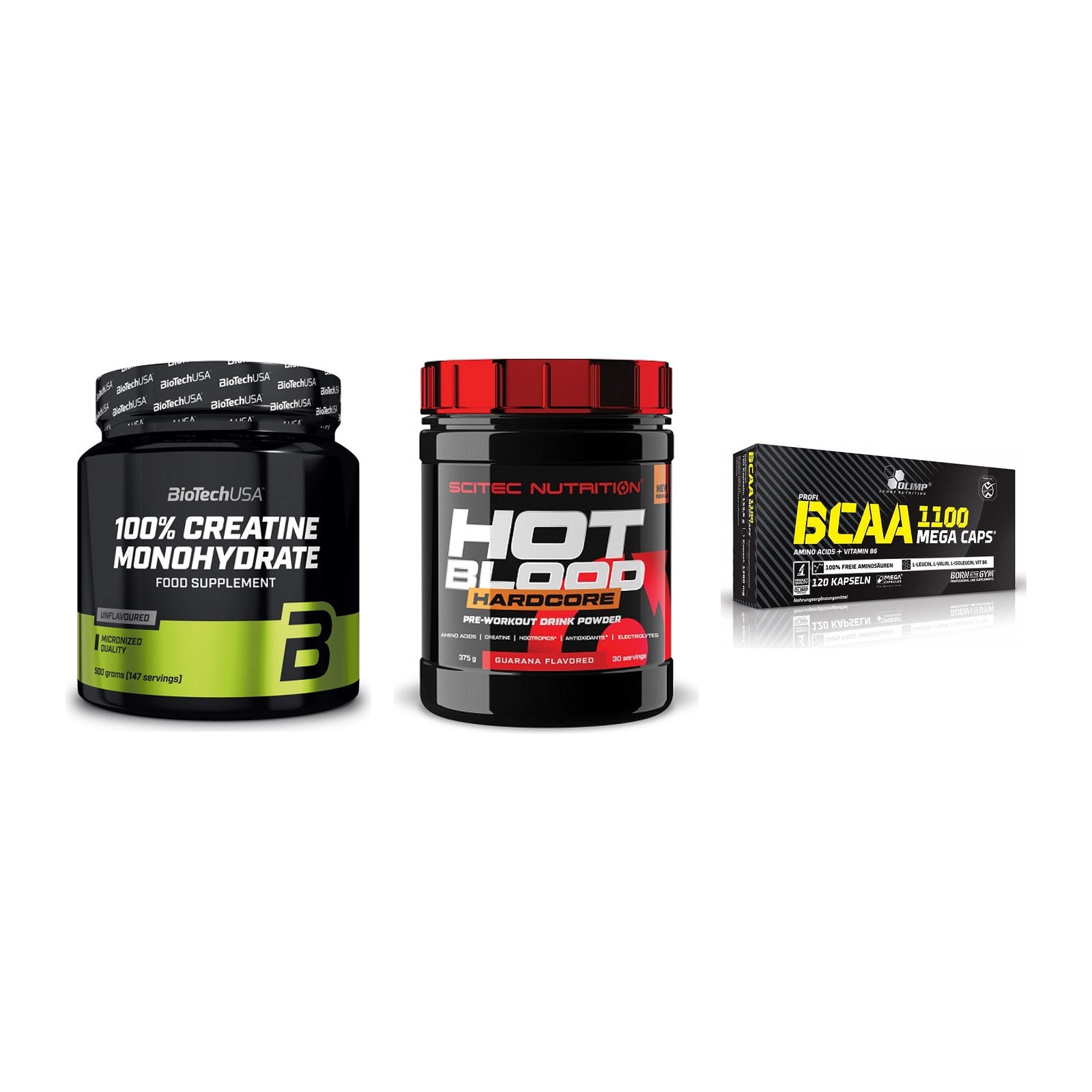 Kraft-Stack: BioTech Creatine + Scitec Hot Blood + Olimp BCAA Mega – alle enthaltenen Artikel