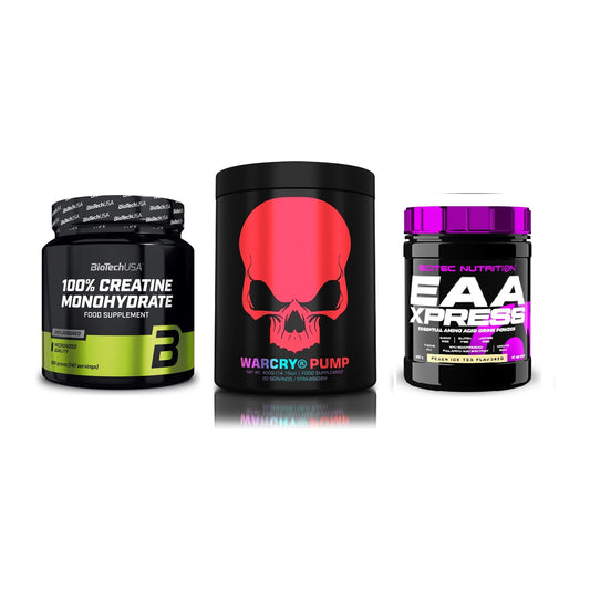Kraft-Stack: BioTech Creatine + Genius Nutrition + Scitec EAA Xpress – alle enthaltenen Artikel