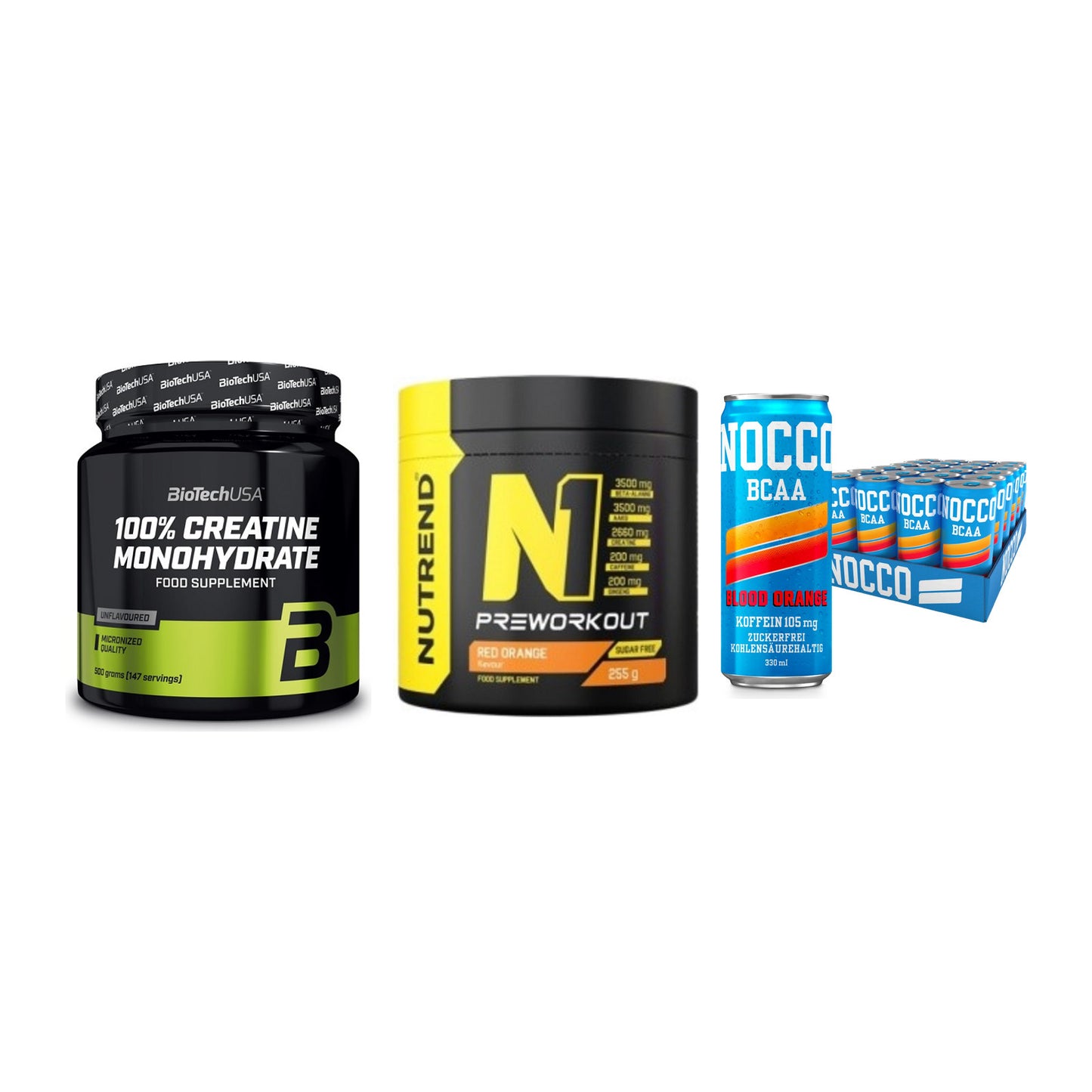 Kraft-Stack: BioTech Creatine + Nutrend N1 + Nocco BCAA Drink – alle enthaltenen Artikel