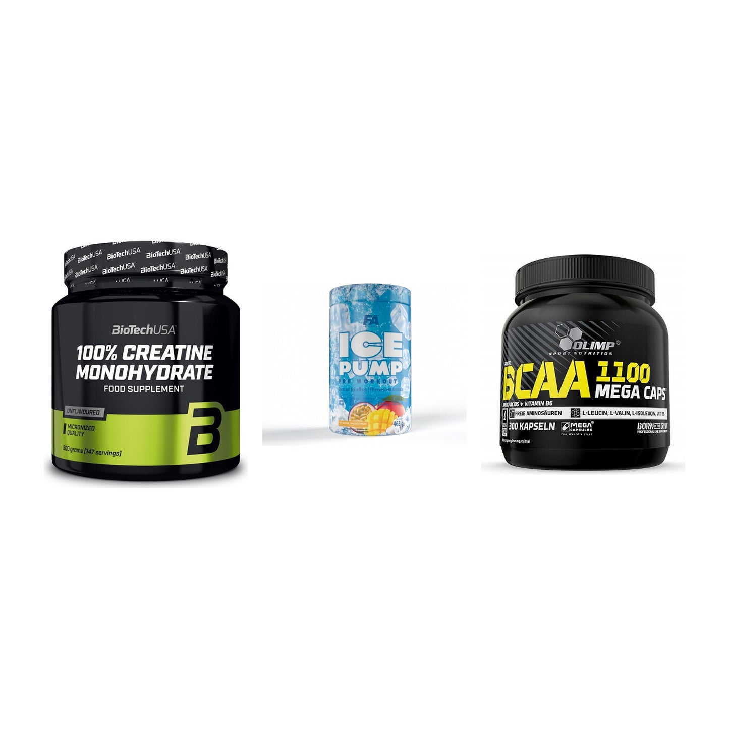 Kraft-Stack: BioTech Creatine + FA Nutrition ICE + Olimp BCAA Mega – alle enthaltenen Artikel