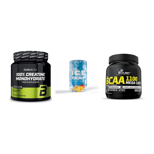 Kraft-Stack: BioTech Creatine + FA Nutrition ICE + Olimp BCAA Mega – alle enthaltenen Artikel