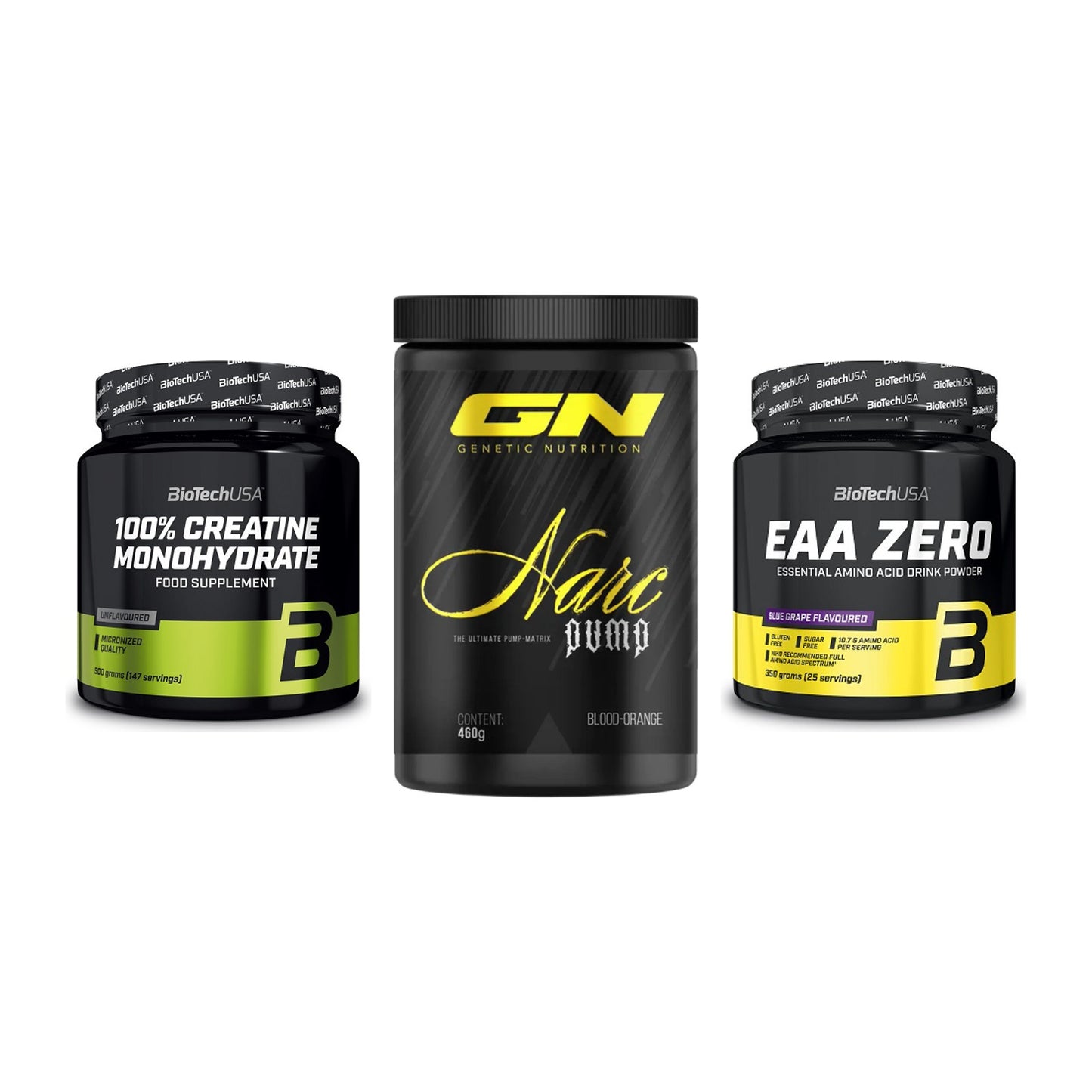 Kraft-Stack: BioTech Creatine + GN Narc Pump + BioTech EAA Zero – alle enthaltenen Artikel