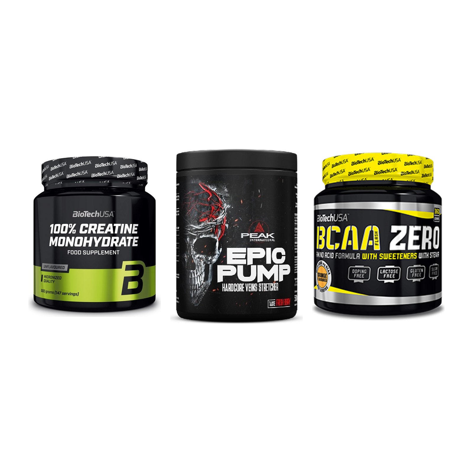 Kraft-Stack: BioTech Creatine + Peak EPIC Pump + BioTech BCAA Zero – alle enthaltenen Artikel