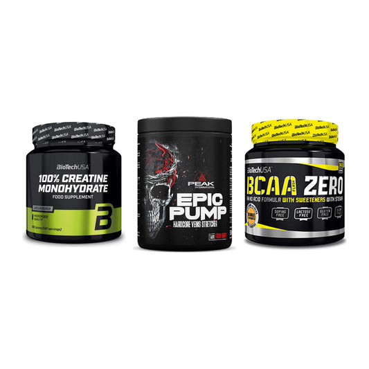 Kraft-Stack: BioTech Creatine + Peak EPIC Pump + BioTech BCAA Zero – alle enthaltenen Artikel