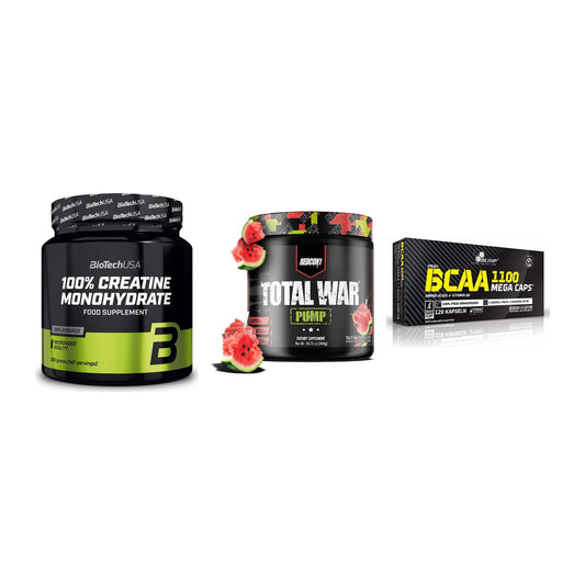 Kraft-Stack: BioTech Creatine + Redcon1 Total War + Olimp BCAA Mega – alle enthaltenen Artikel