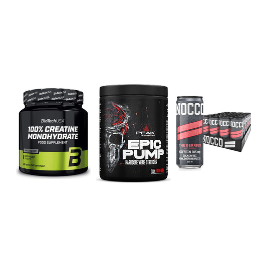 Kraft-Stack: BioTech Creatine + Peak EPIC Pump + Nocco BCAA Drink – alle enthaltenen Artikel