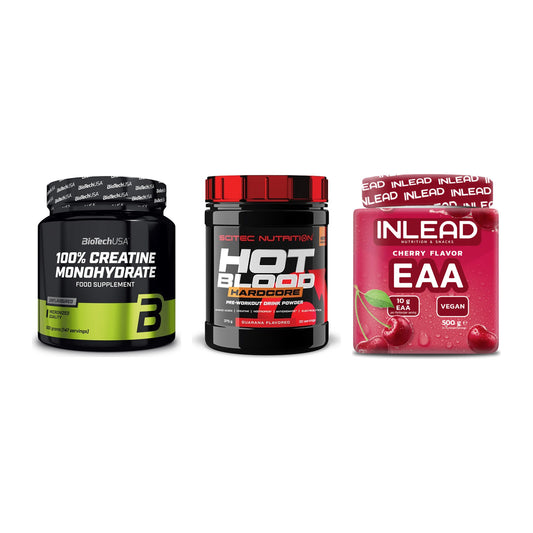 Kraft-Stack: BioTech Creatine + Scitec Hot Blood + INLEAD EAA – alle enthaltenen Artikel