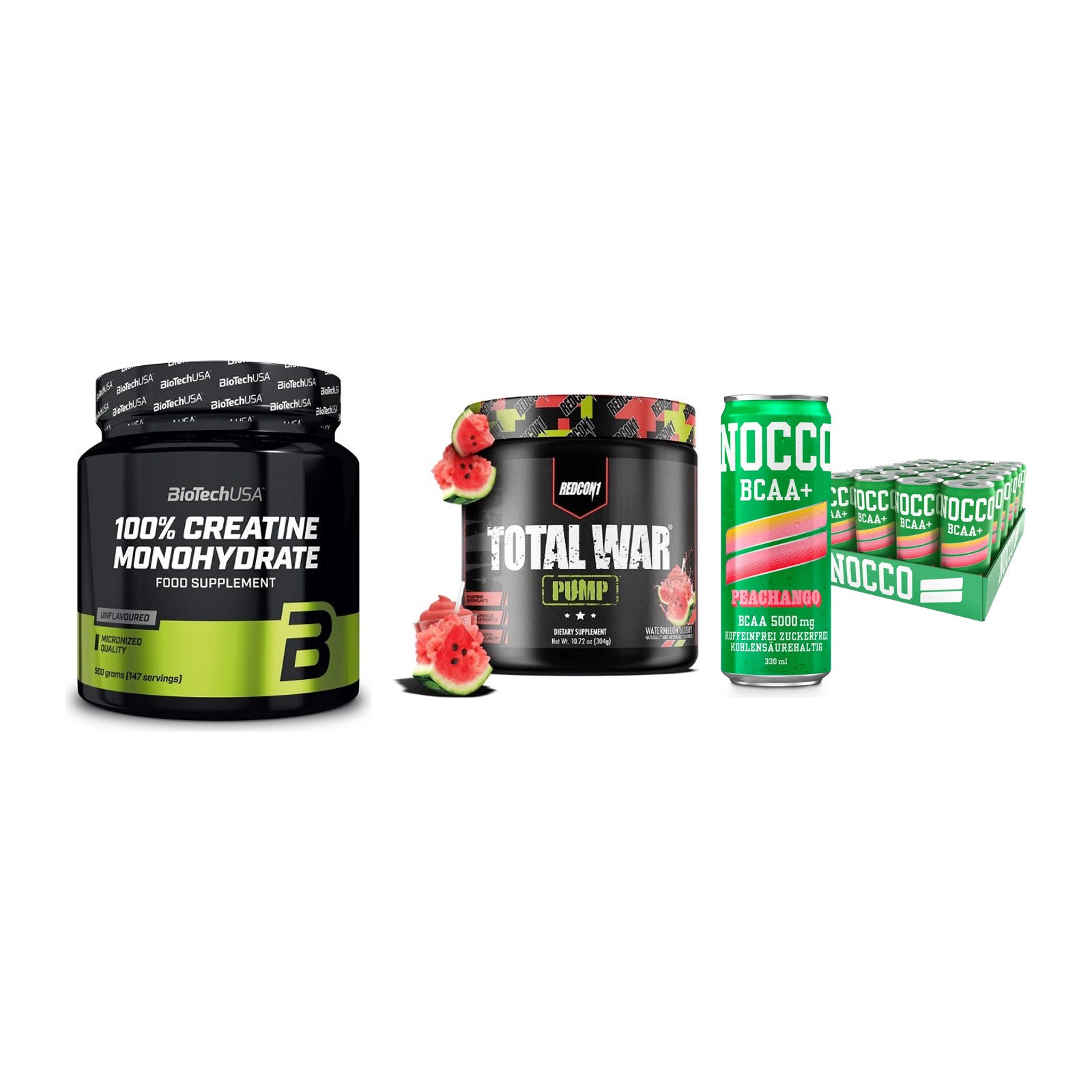 Kraft-Stack: BioTech Creatine + Redcon1 Total War + Nocco BCAA Drink – alle enthaltenen Artikel