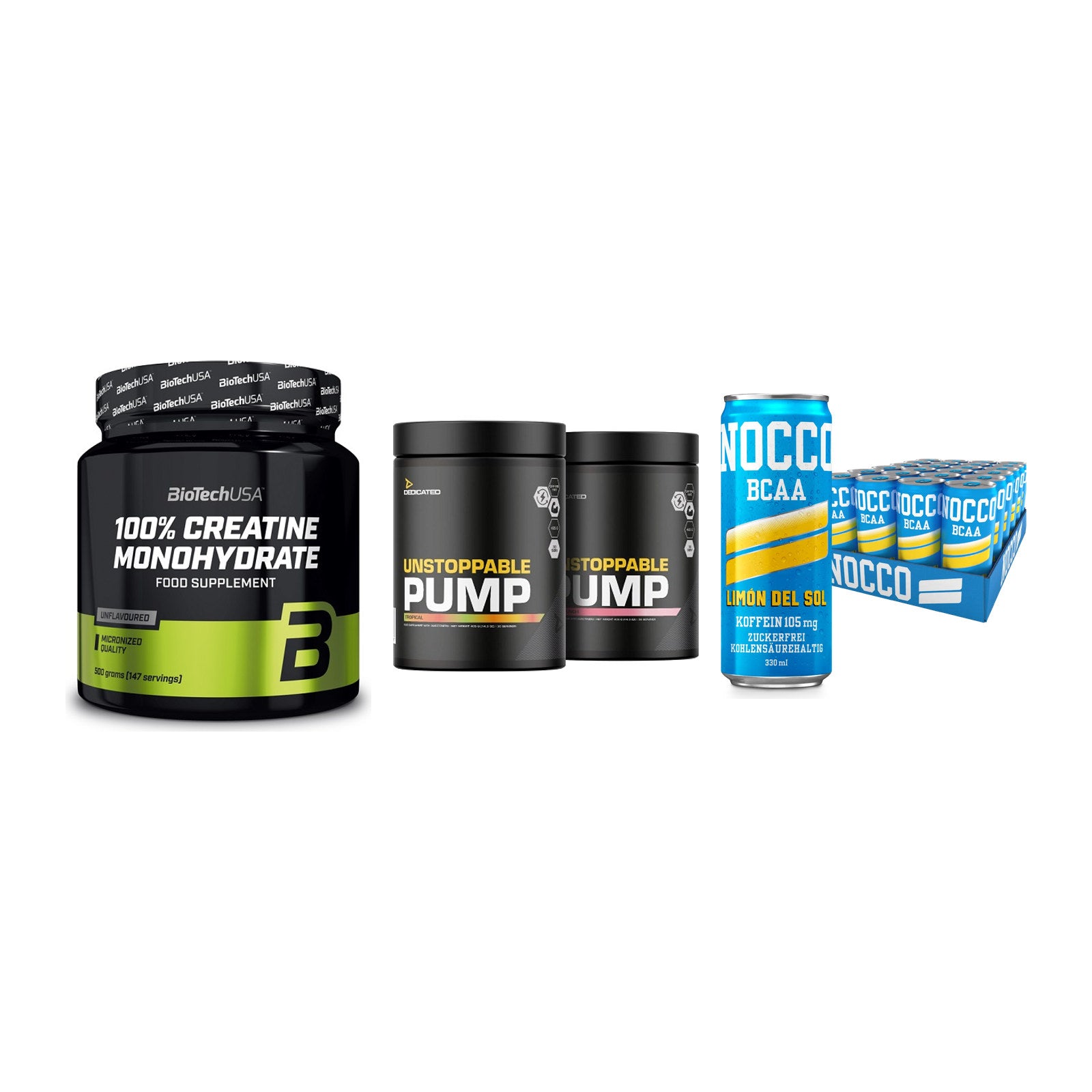 Kraft-Stack: BioTech Creatine + Dedicated + Nocco BCAA Drink – alle enthaltenen Artikel