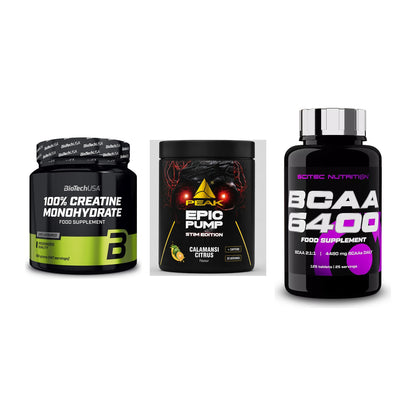 Kraft-Stack: BioTech Creatine + Peak Epic Pump + Scitec BCAA 6400 – alle enthaltenen Artikel